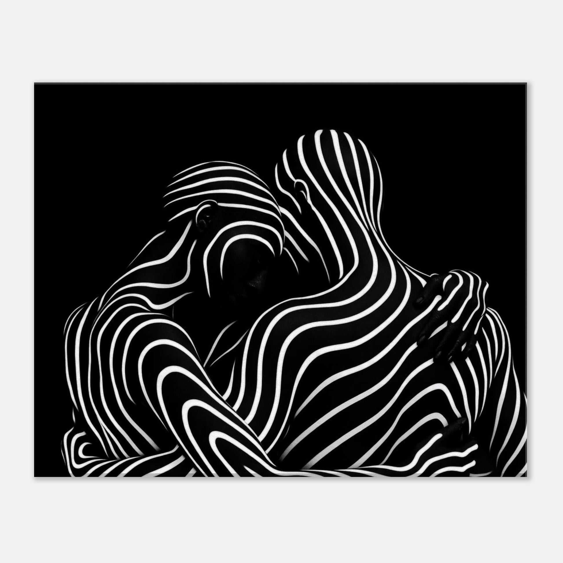 Angled view of black and white abstract canvas wall art with modern minimalist design