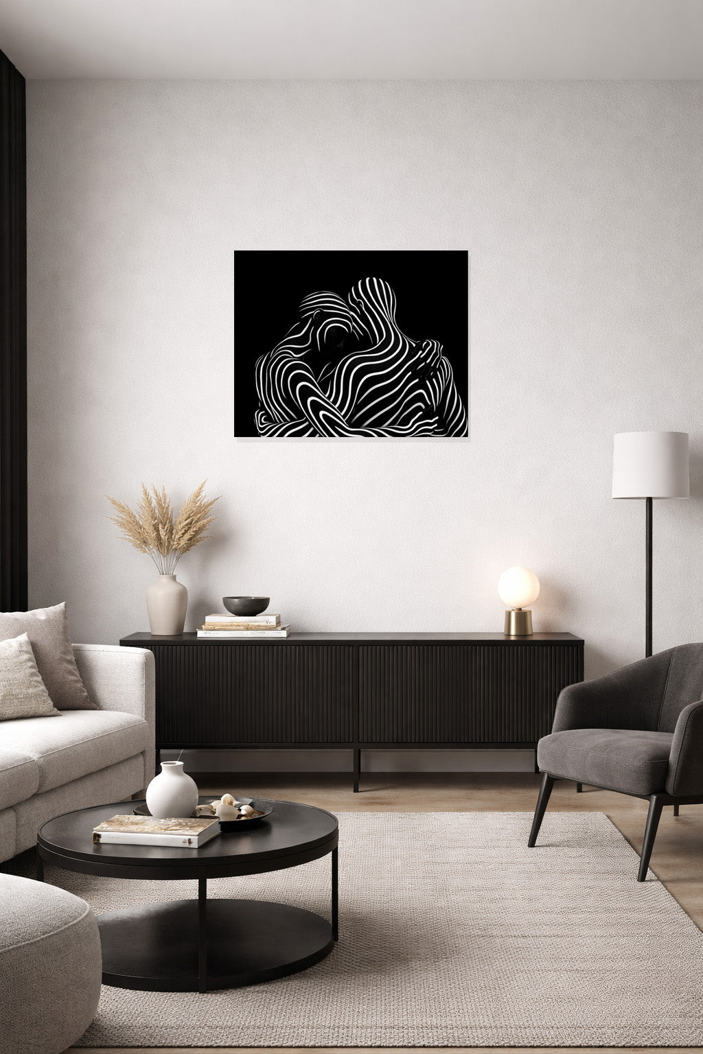 Minimalist interior featuring abstract black and white canvas wall art as statement decor