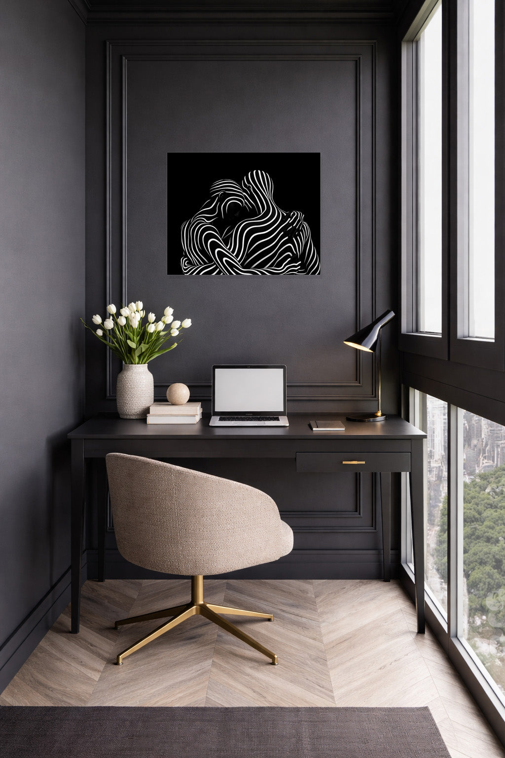 Modern home office interior with black and white abstract canvas wall art above desk