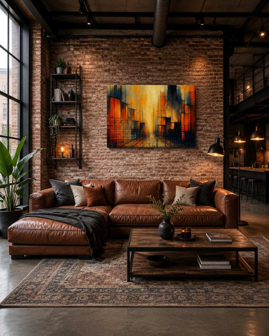 Abstract city canvas wall art mounted on an exposed brick wall in a cozy industrial loft with a brown leather sofa and wooden coffee table.
