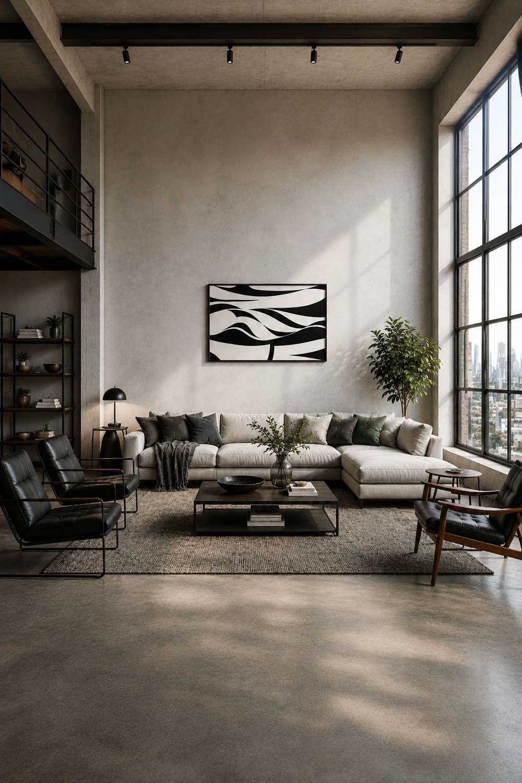 Black and white abstract wall art with a black wooden frame displayed above a beige sectional sofa in a modern industrial loft interior with concrete walls and large windows.