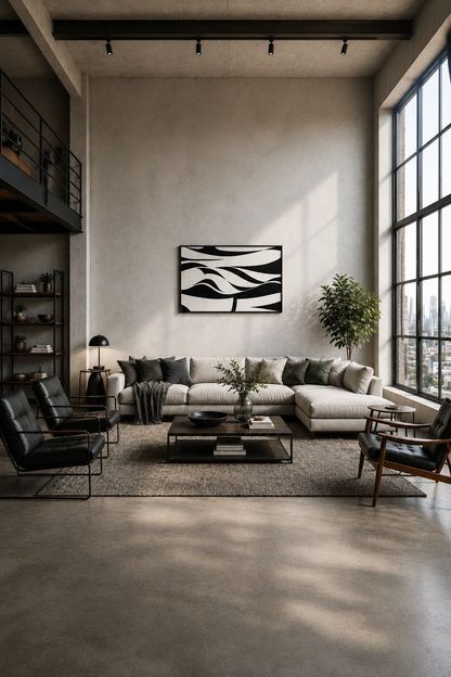 Black and white abstract wall art with a black wooden frame displayed above a beige sectional sofa in a modern industrial loft interior with concrete walls and large windows.