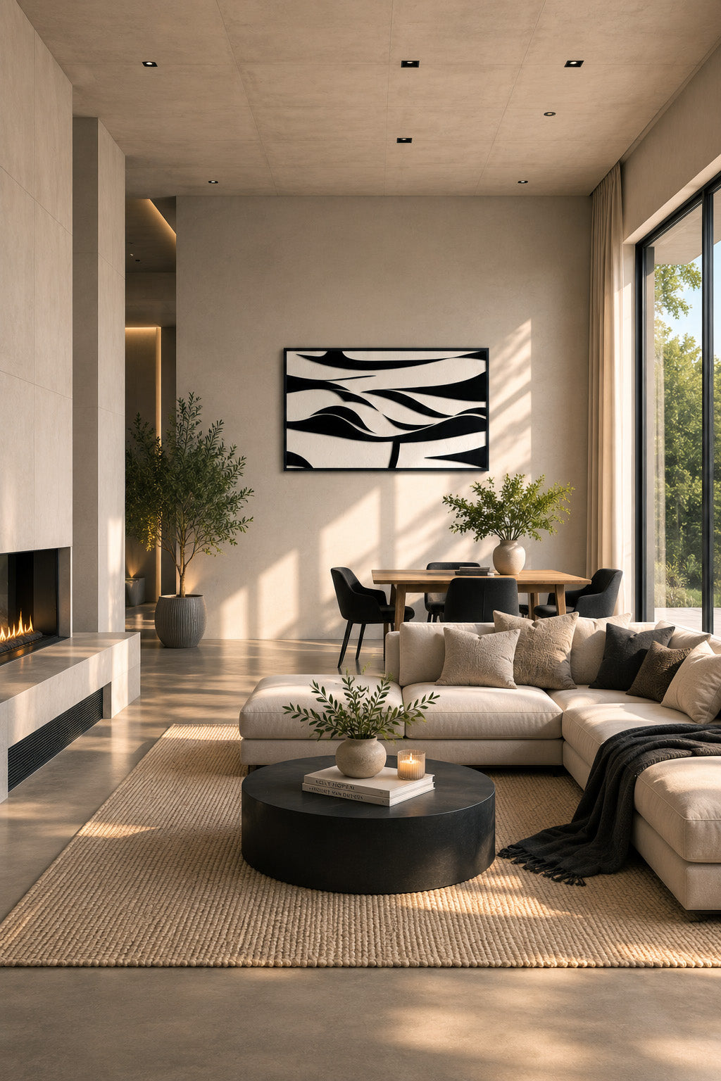 Large black and white abstract artwork in a black frame styled in a bright modern living room with fireplace, beige sofa, and natural daylight.
