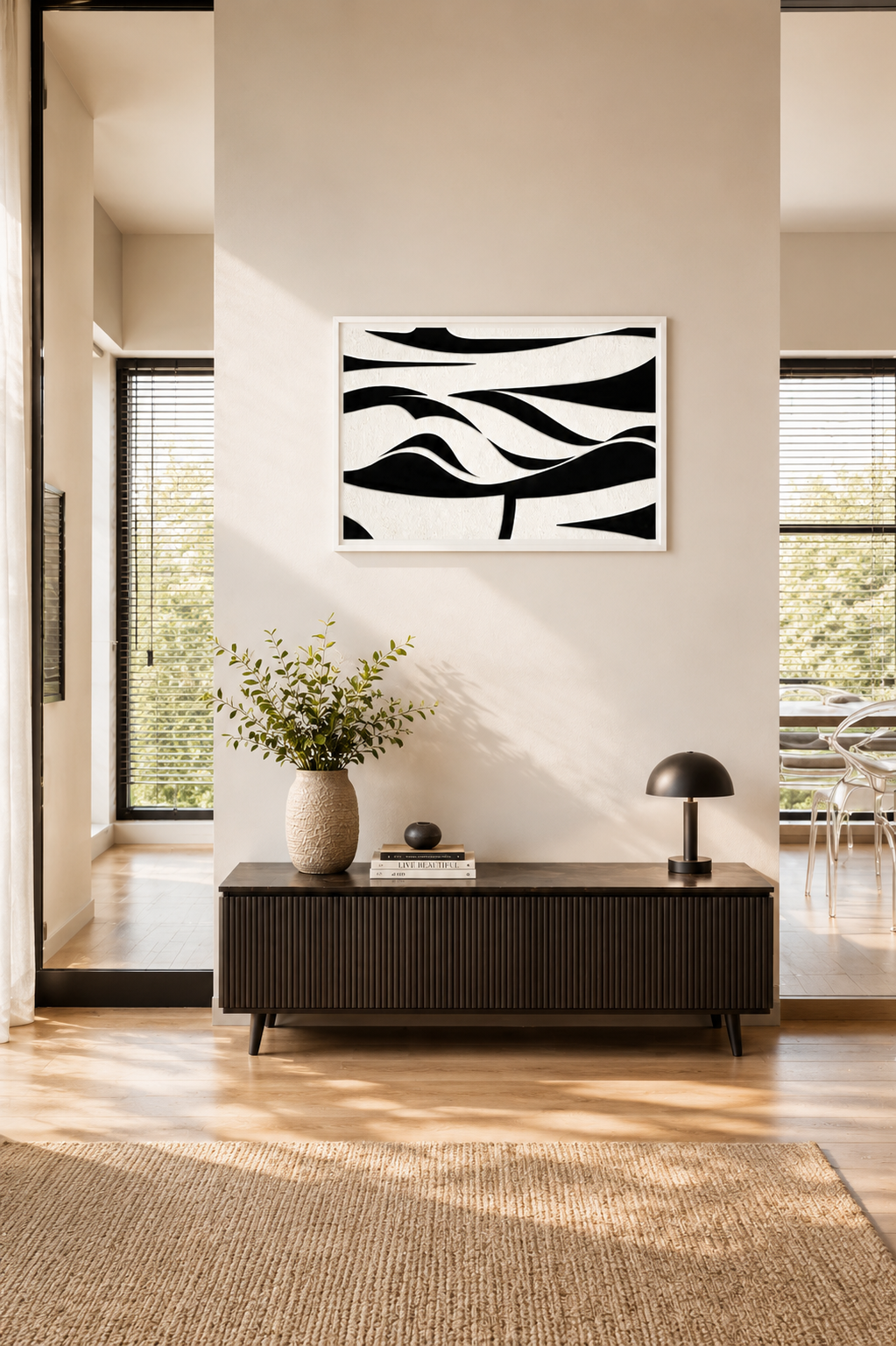 Black and white textured abstract wall art with a white wooden frame hanging above a dark wood console table in a bright Scandinavian-inspired interior.