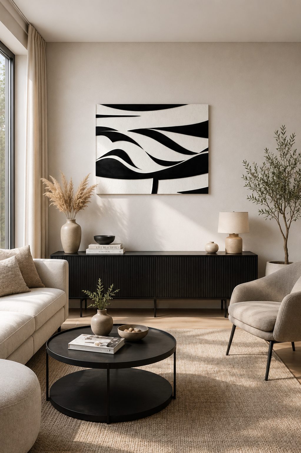 Minimalist black and white abstract canvas wall art in a cozy Scandinavian living room with natural daylight