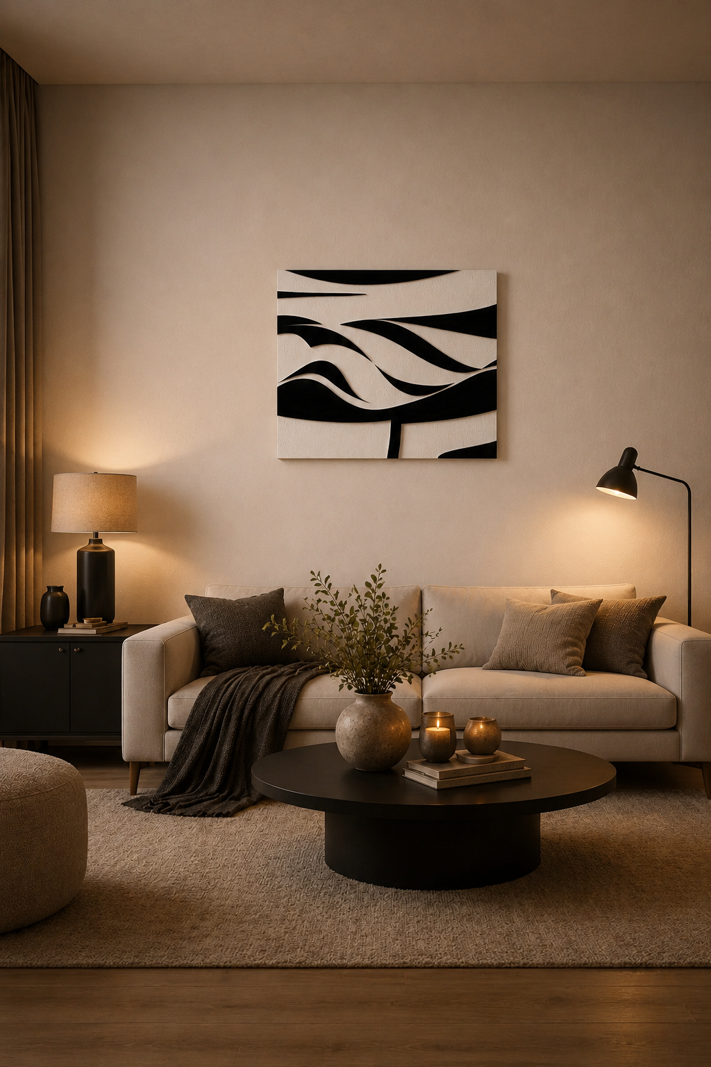 Black and white abstract canvas wall art in a cozy modern living room with neutral decor and warm ambient lighting