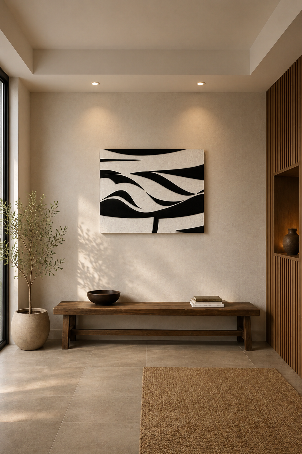 Minimalist black and white abstract canvas wall art in a modern entryway with wooden bench and natural textures
