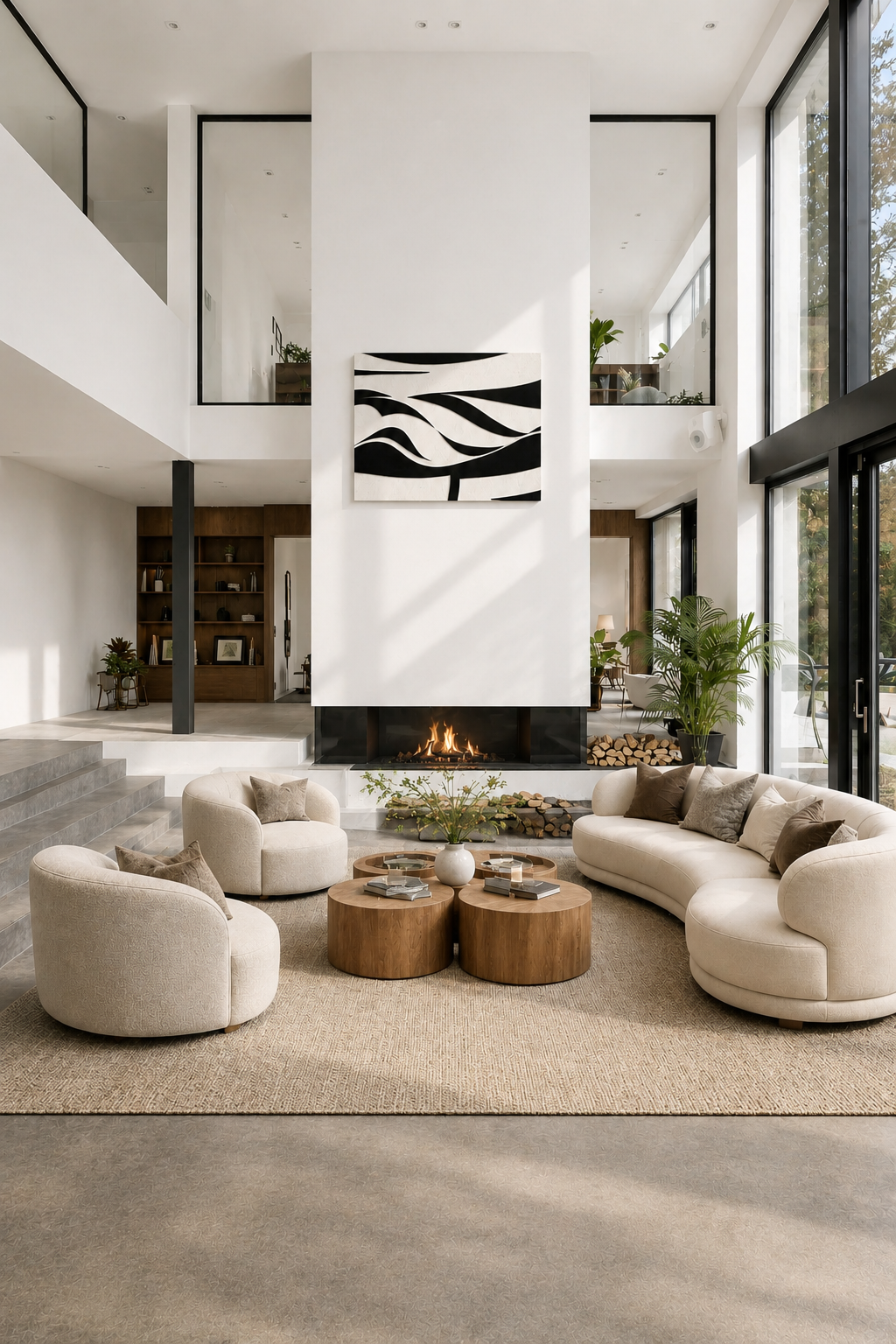 Black and white abstract canvas wall art in a bright luxury double-height living room with fireplace and neutral furniture