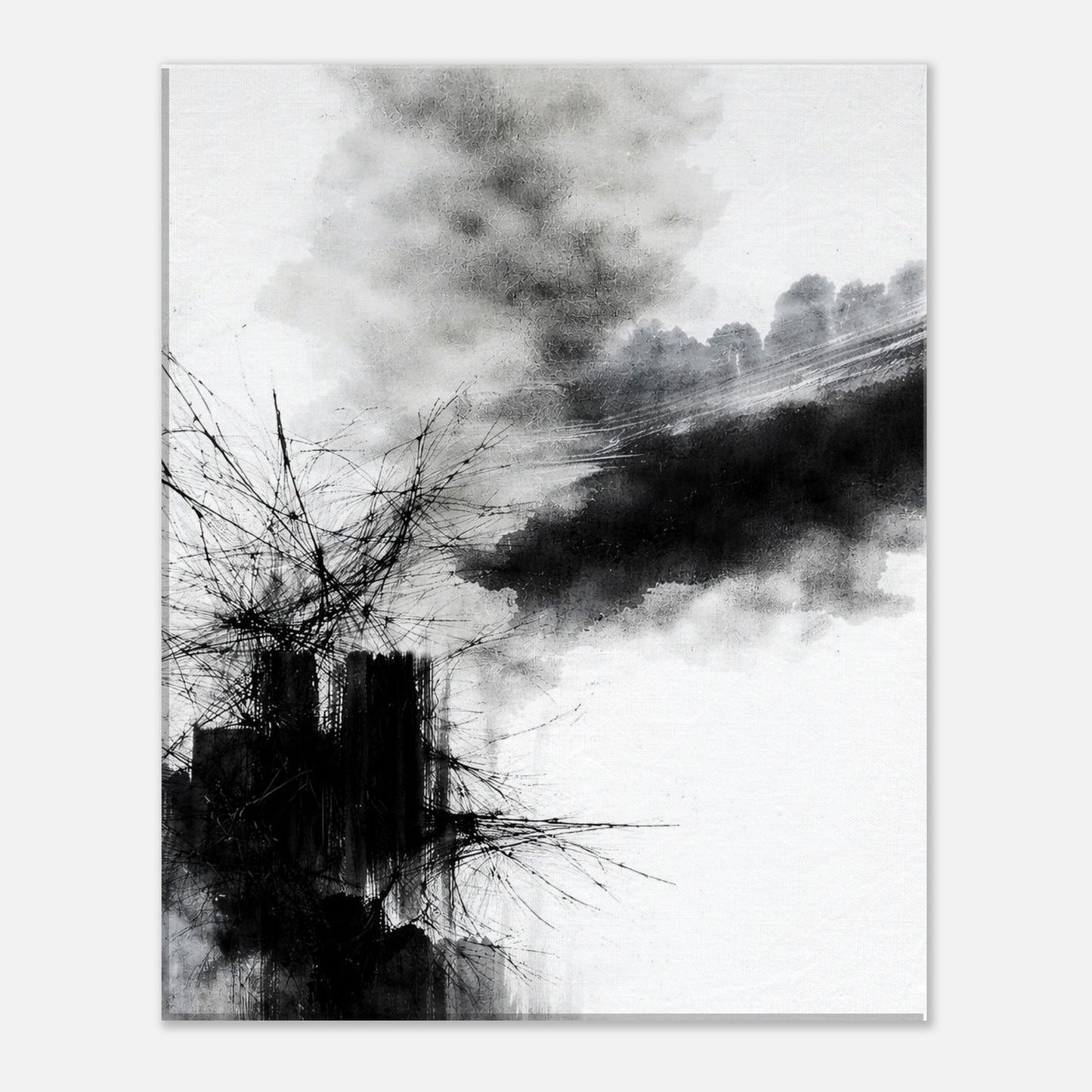 Minimalist black and white abstract canvas artwork with dynamic ink lines and contemporary composition