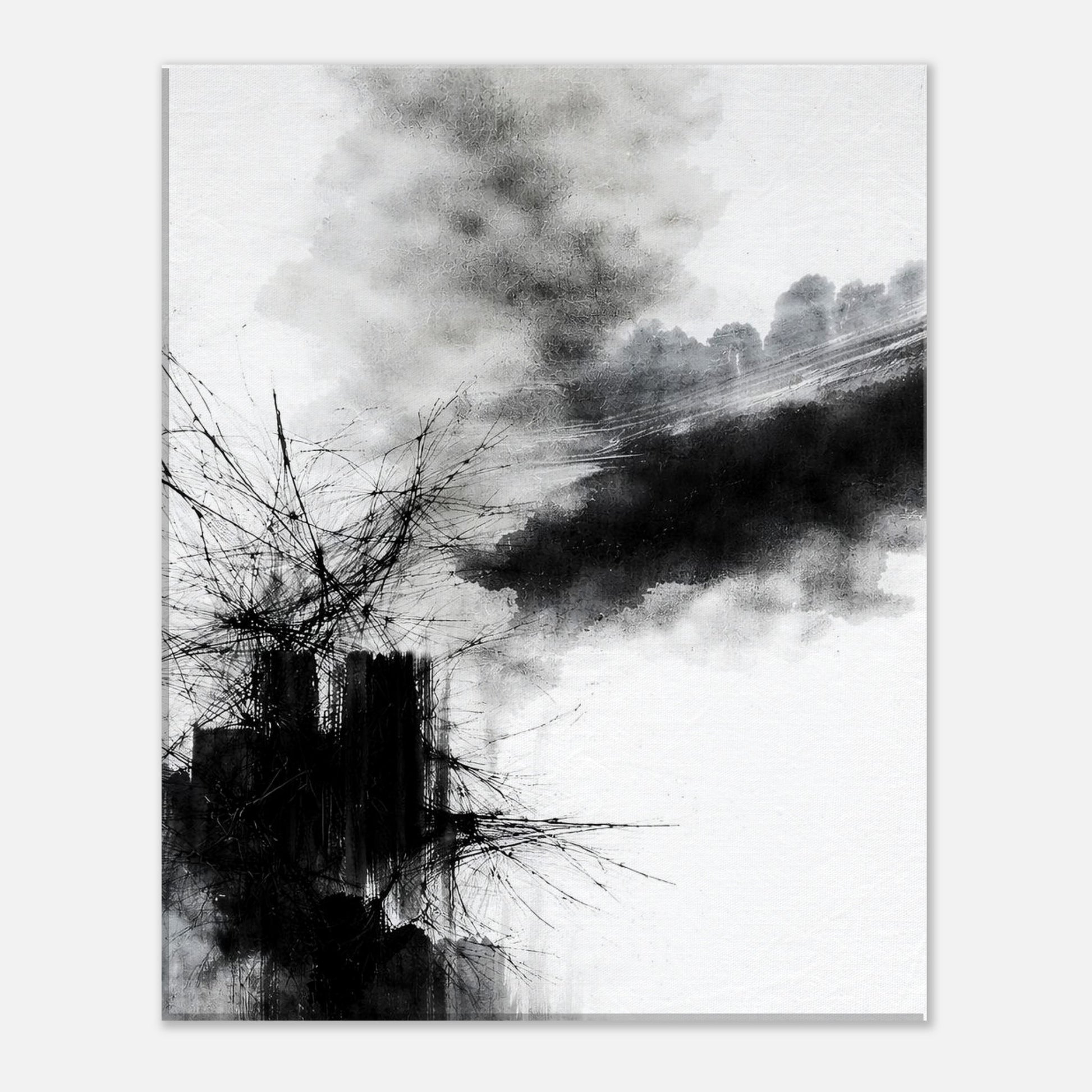 Minimalist black and white abstract canvas artwork with dynamic ink lines and contemporary composition