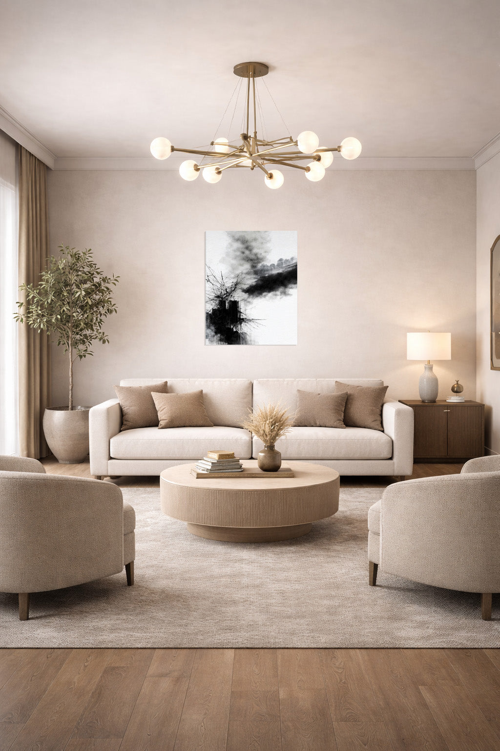 Modern abstract monochrome canvas artwork styled in a warm and elegant interior