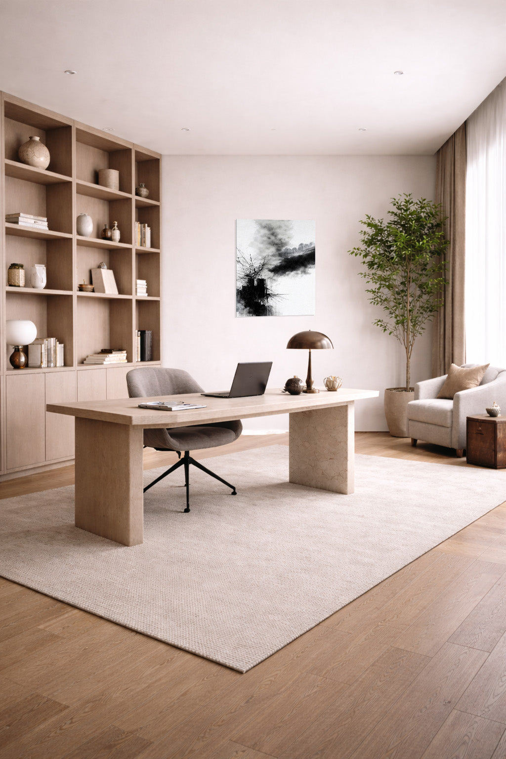 Minimalist monochrome abstract canvas artwork styled in a contemporary creative workspace