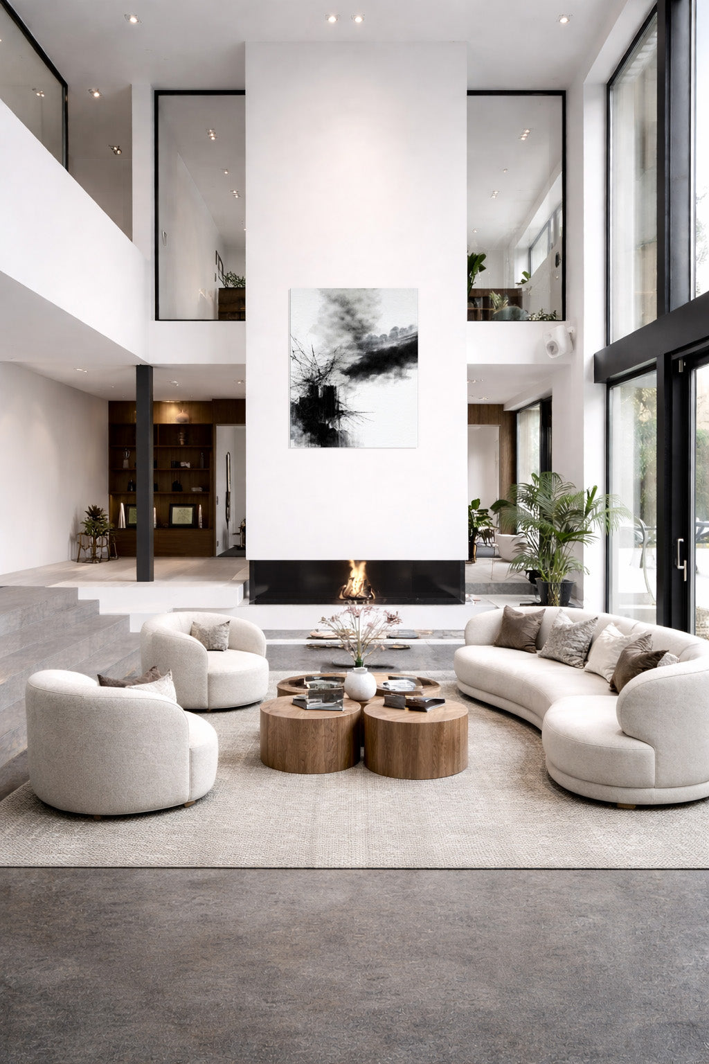 Monochrome abstract canvas wall art styled in a modern minimalist living room interior