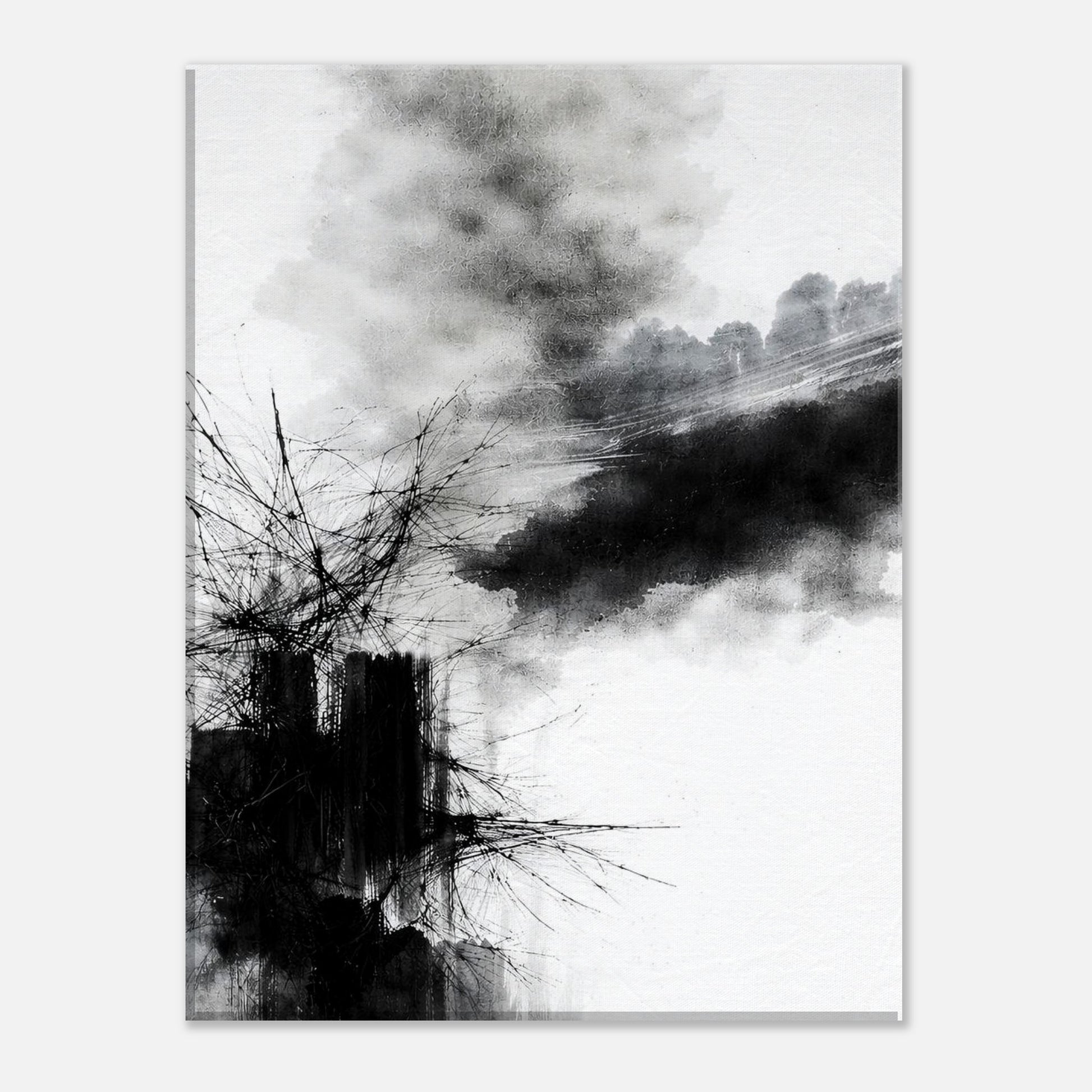 Side view of monochrome abstract canvas print showing textured surface and gallery-quality finish