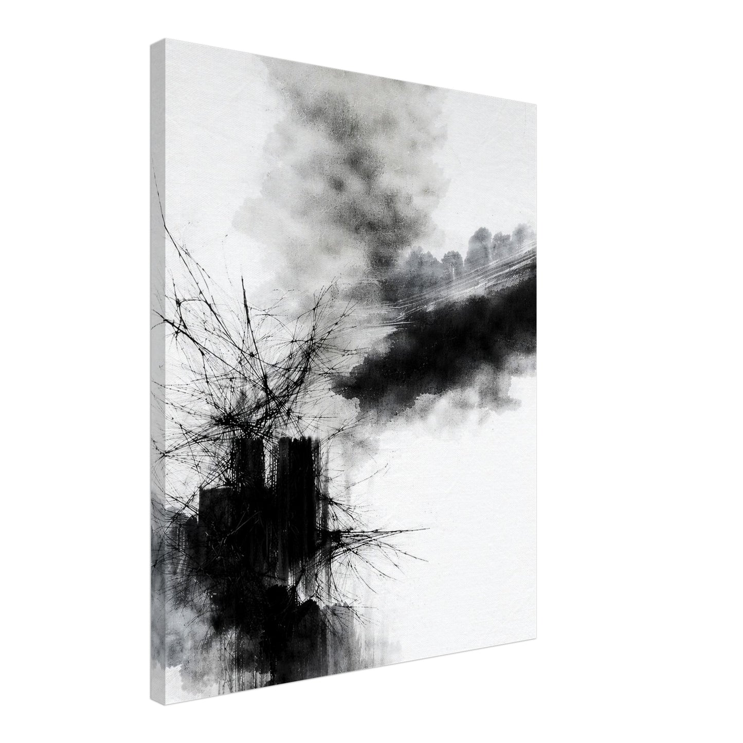 Gallery-style monochrome abstract canvas wall art displayed with depth and clean modern edges