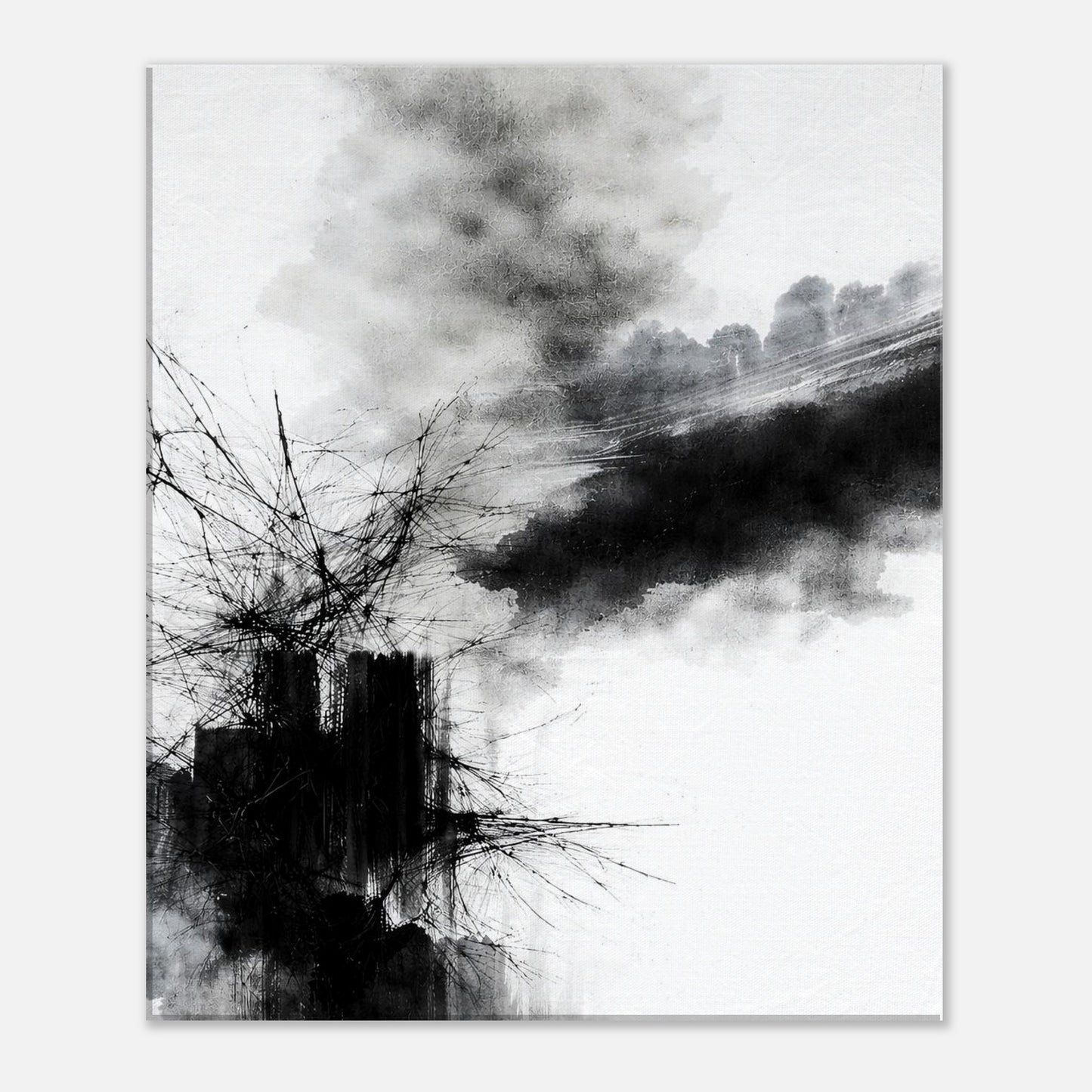 Modern monochrome abstract canvas print featuring layered black ink forms and expressive movement