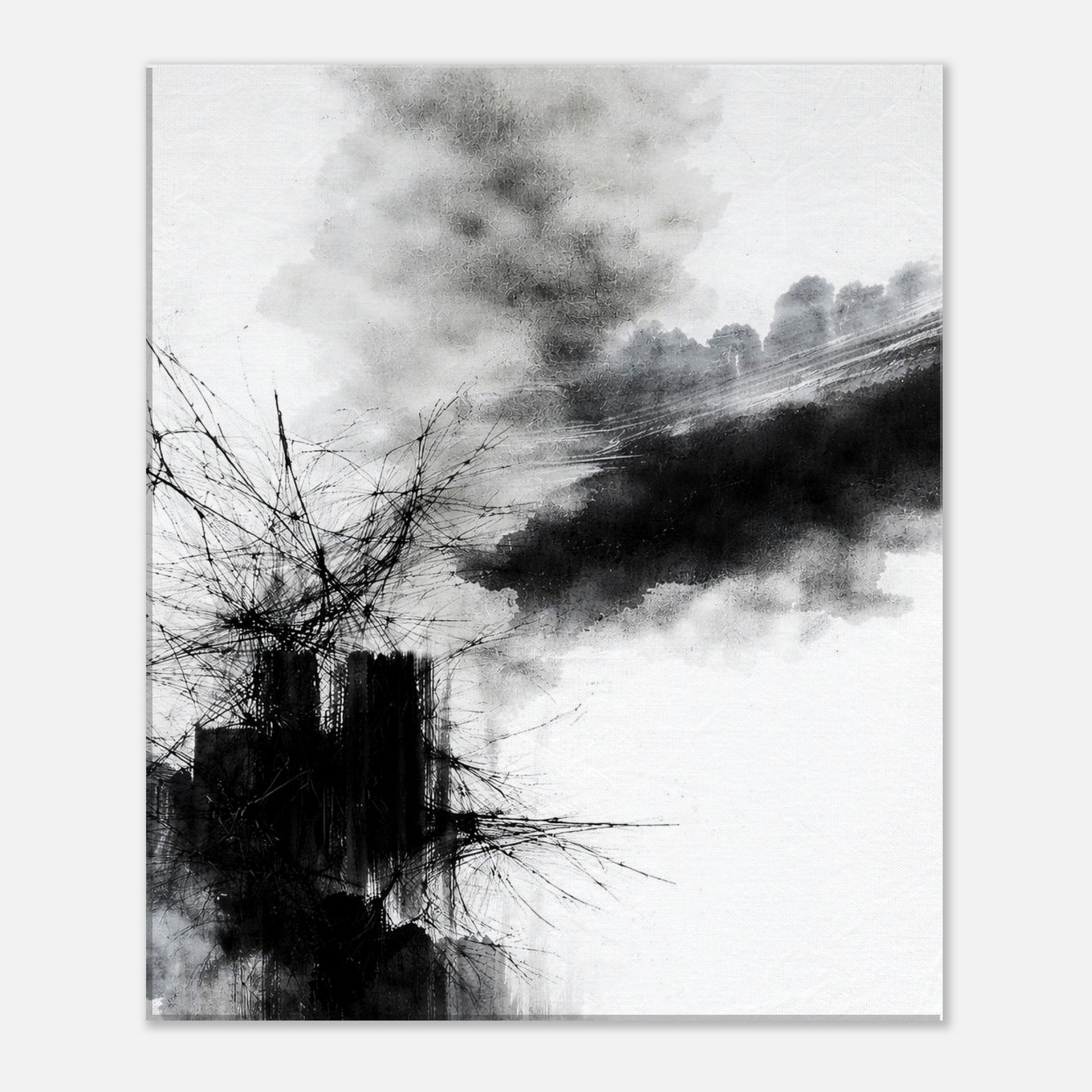 Modern monochrome abstract canvas print featuring layered black ink forms and expressive movement