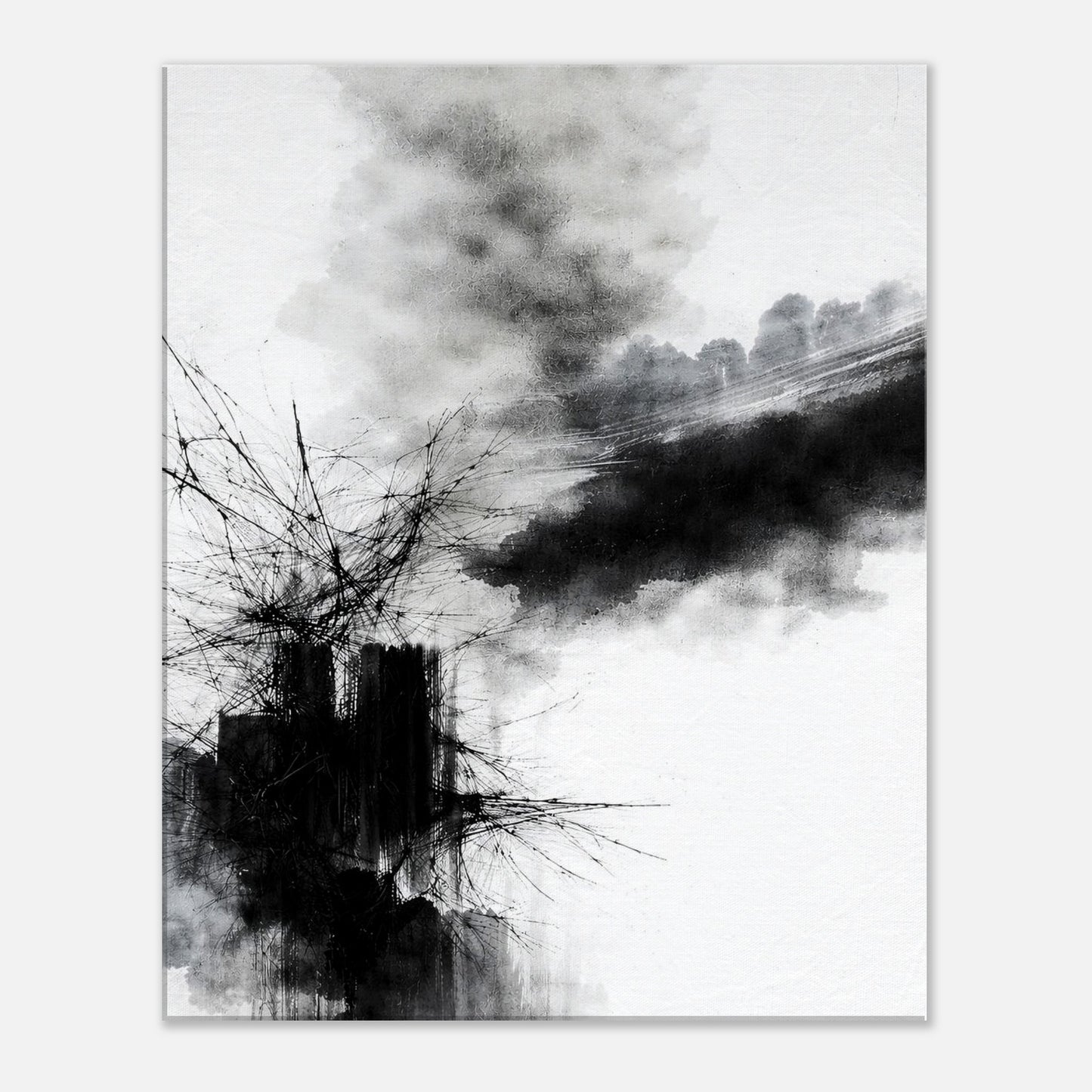 Monochrome abstract canvas wall art with expressive black ink textures and layered strokes on white background