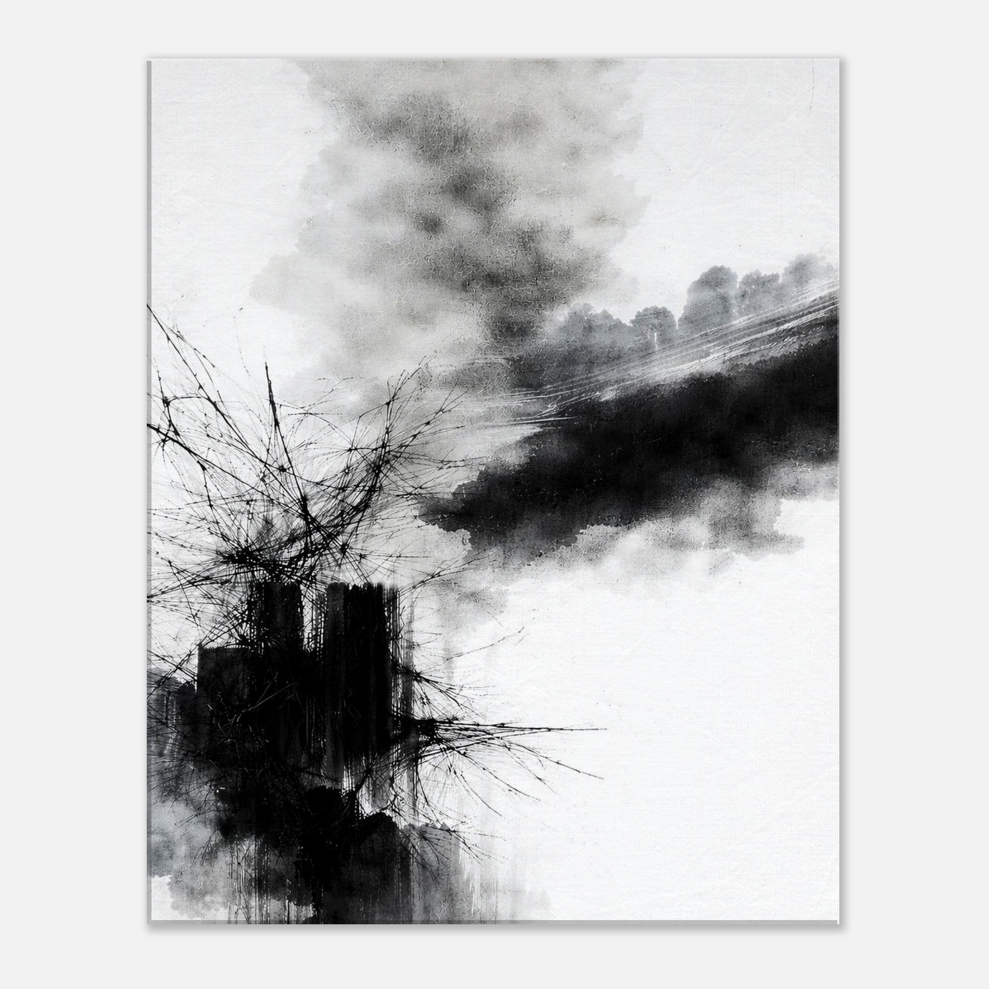 Monochrome abstract canvas wall art with expressive black ink textures and layered strokes on white background