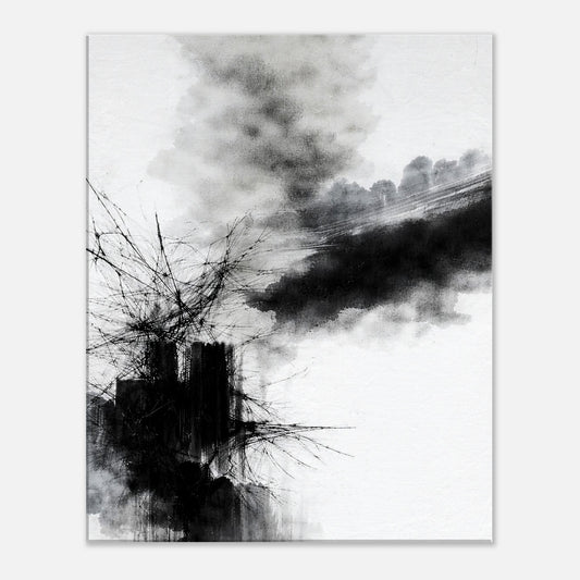 Monochrome abstract canvas wall art with expressive black ink textures and layered strokes on white background