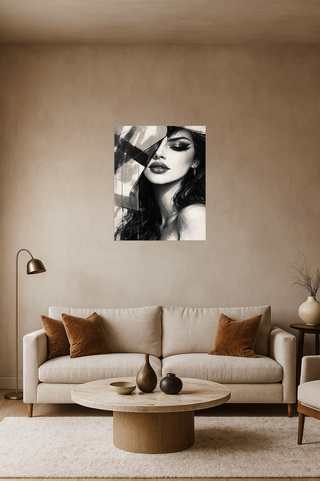 Contemporary interior styled with abstract female portrait wall art in neutral tones