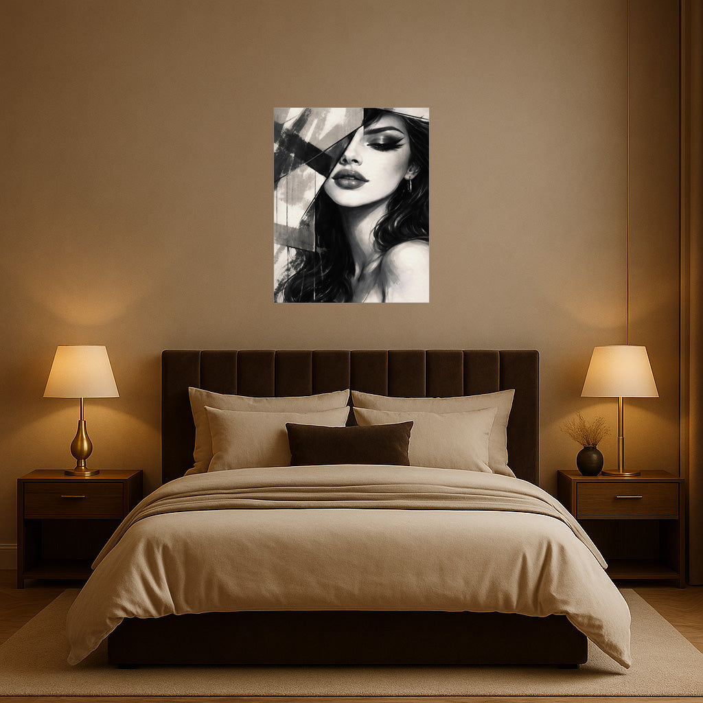 Modern bedroom interior decorated with monochrome abstract female portrait wall art
