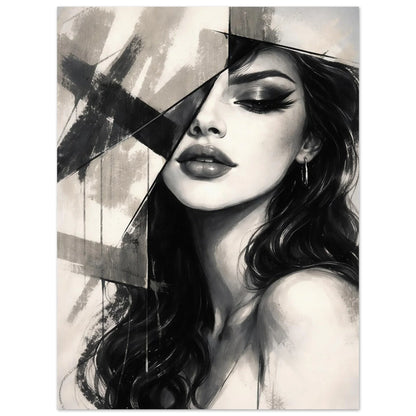 Close view of the eyes and lips beneath the overlapping brushed shapes
