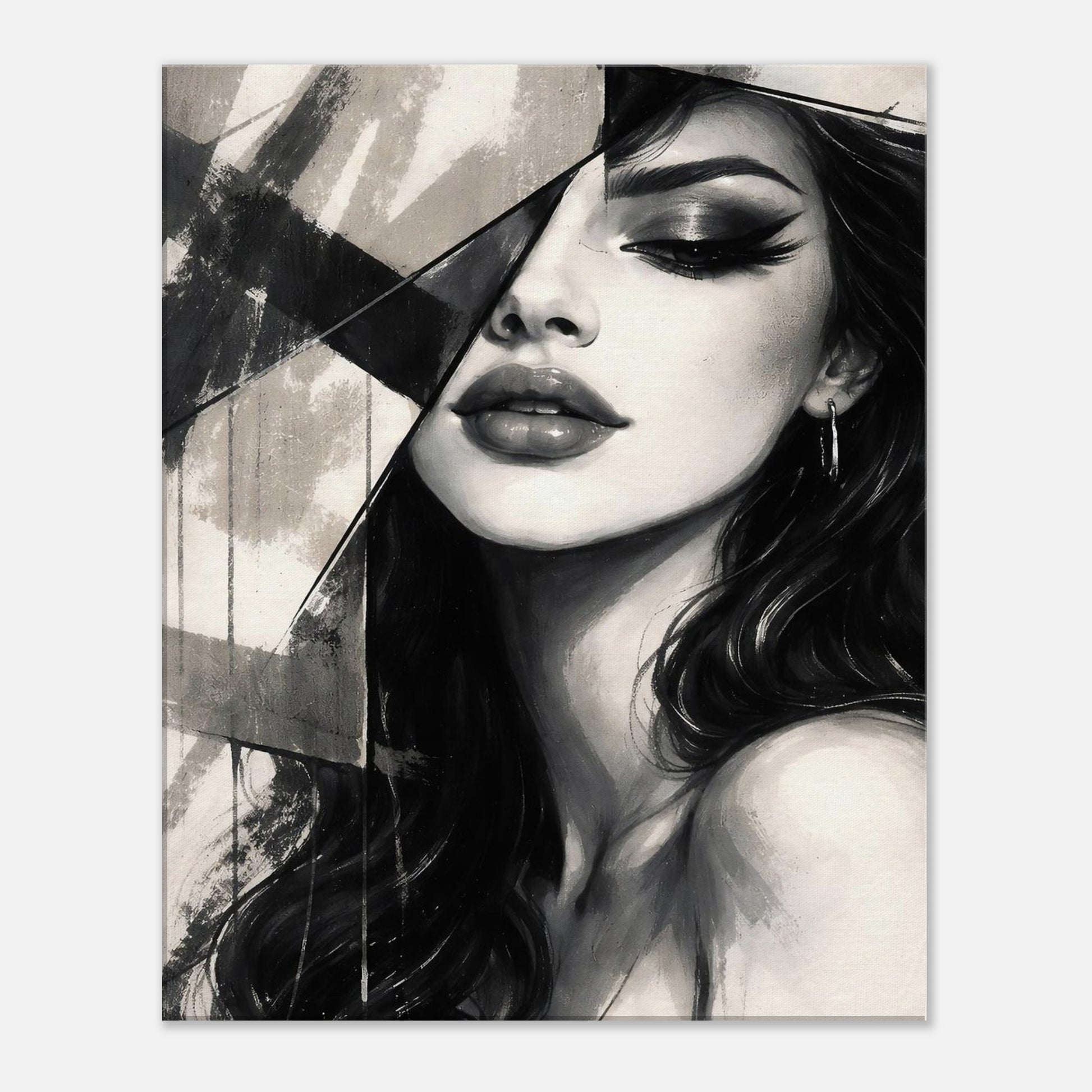 Modern abstract female portrait wall art in monochrome style with fragmented geometric details