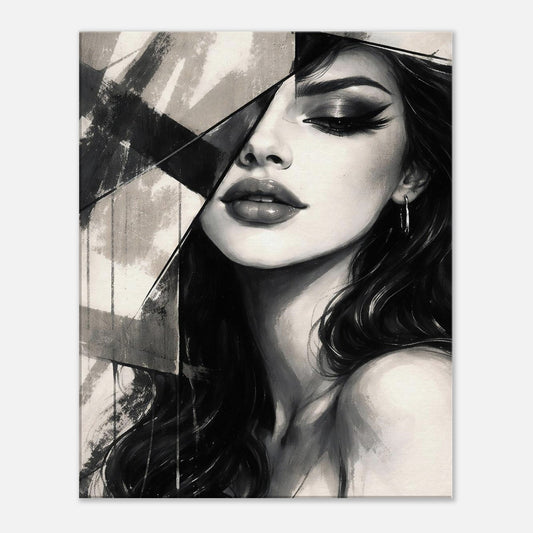 Modern abstract female portrait wall art in monochrome style with fragmented geometric details