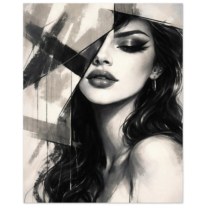 The full composition with dark hair flowing beside the angular gray planes