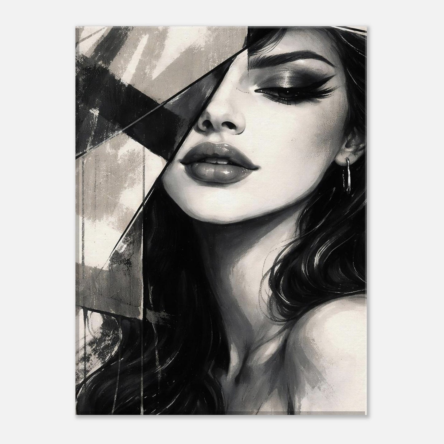 Abstract female portrait poster featuring a fragmented modern face in black and white