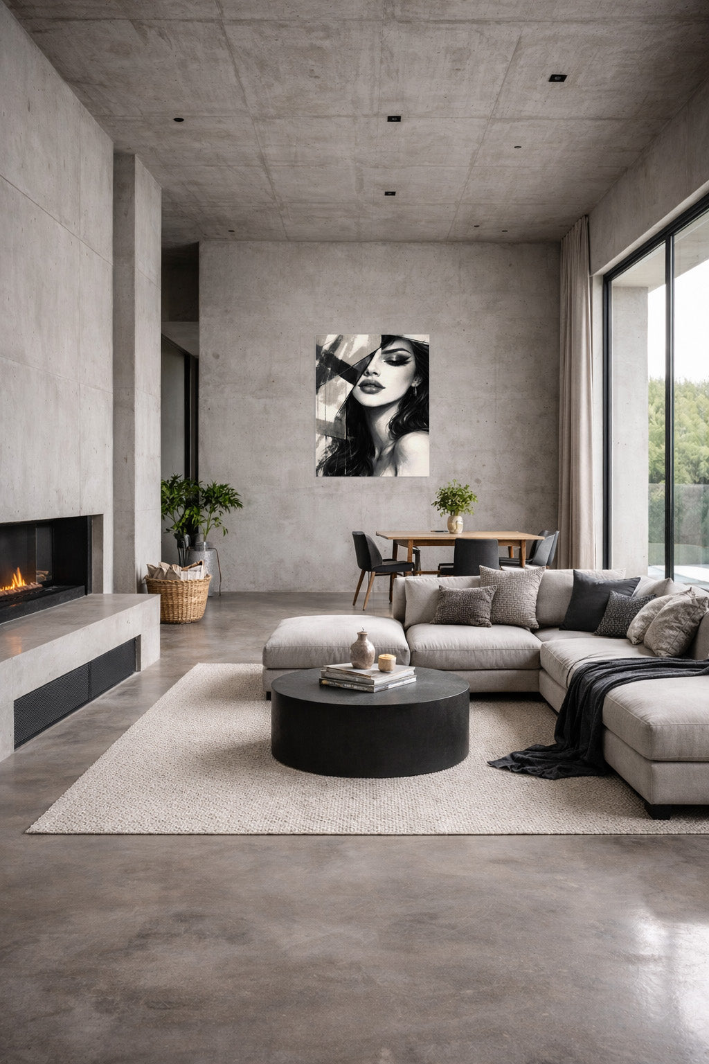 Industrial style living room with large abstract female portrait wall art