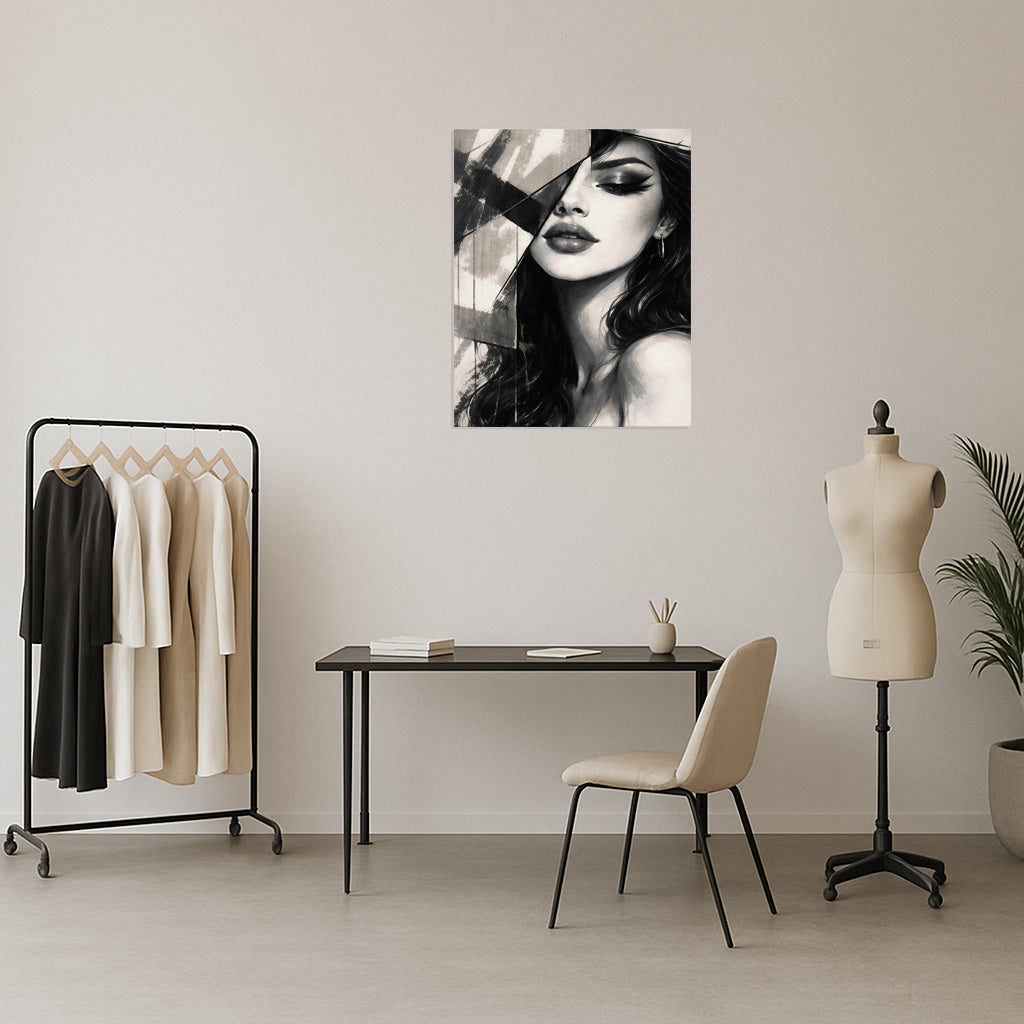Minimalist office interior featuring abstract female portrait wall art above desk