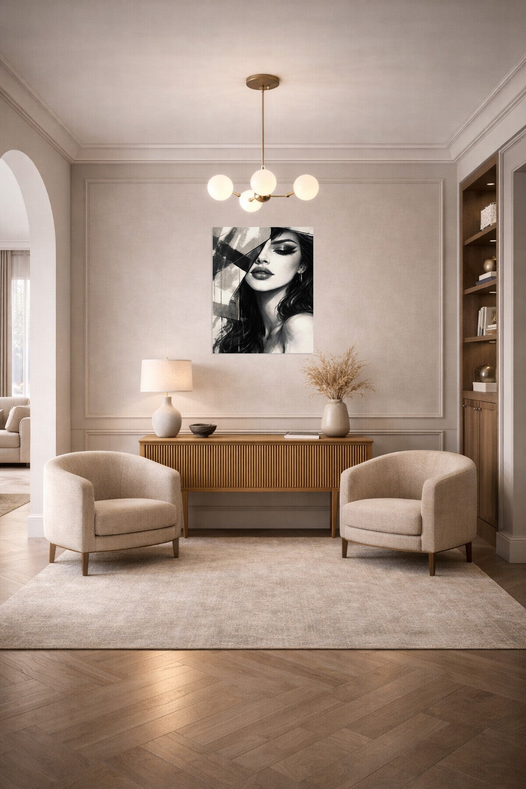 Modern living room interior with abstract female portrait wall art displayed above sofa