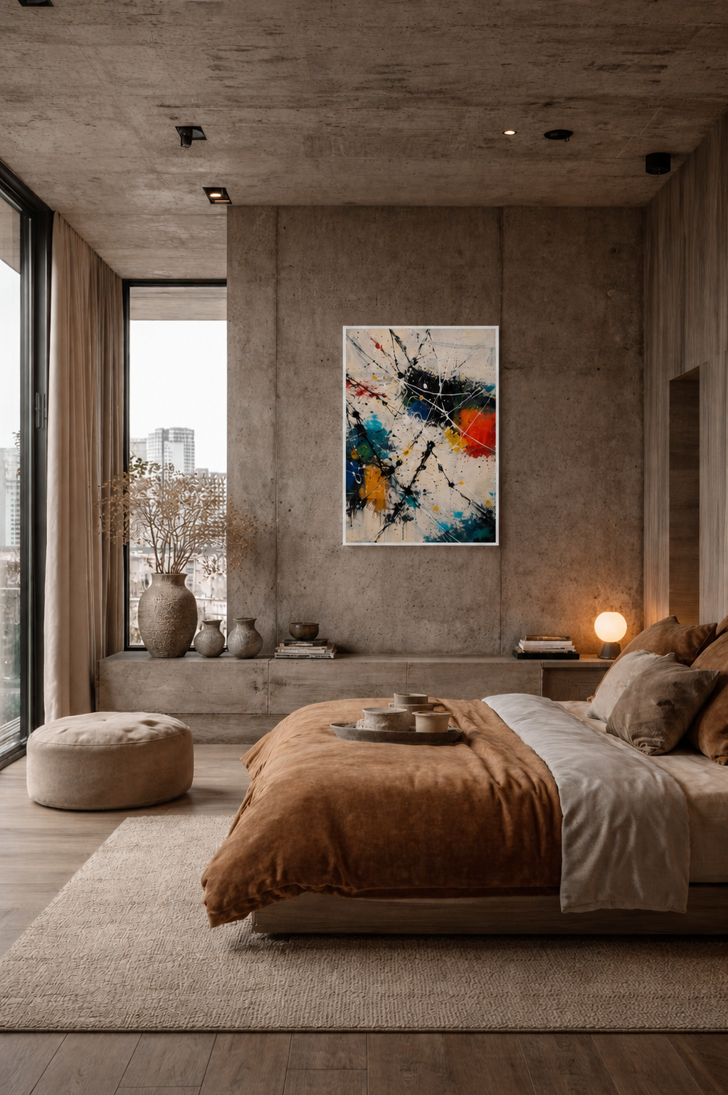 Abstract framed wall art in a cozy modern bedroom with concrete textures and warm neutral decor