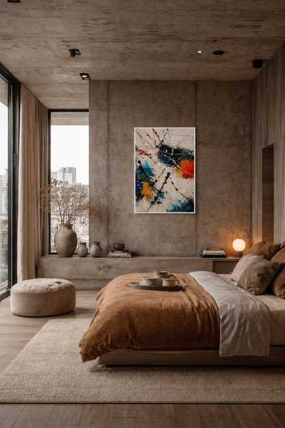 Abstract framed wall art in a cozy modern bedroom with concrete textures and warm neutral decor