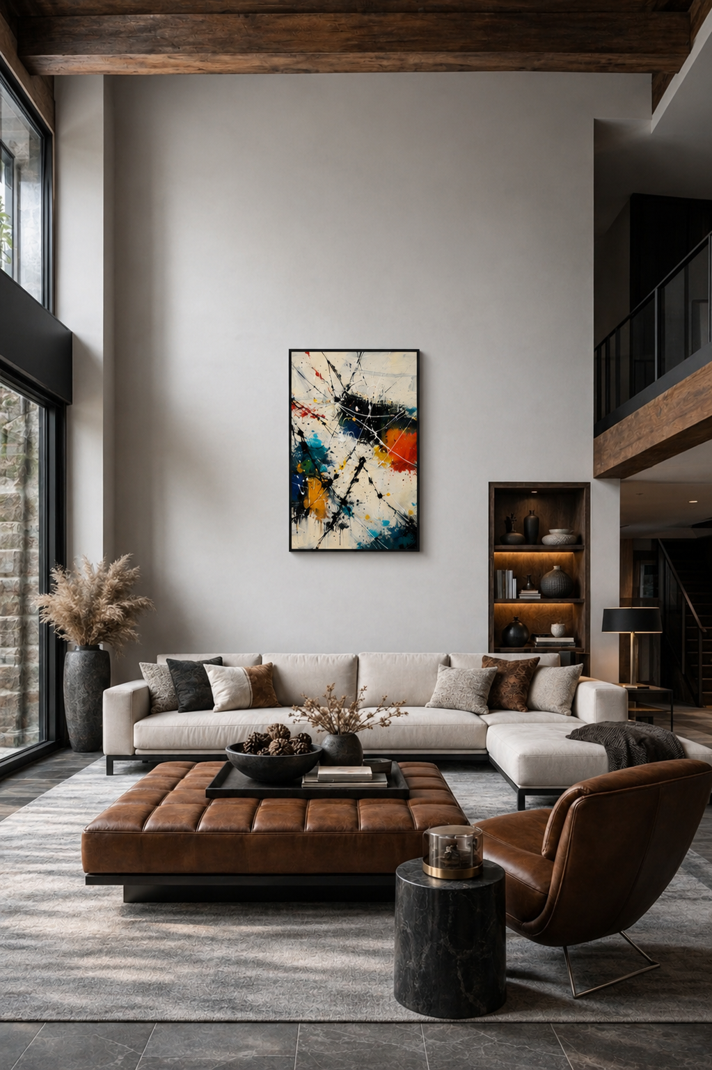 Framed abstract artwork displayed in a luxury modern living room with high ceilings and leather accents