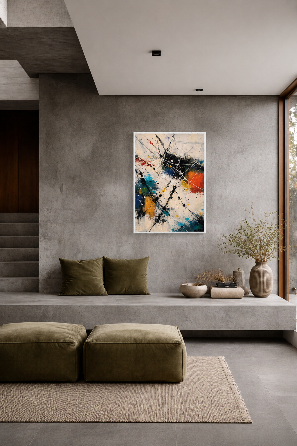 Colorful abstract framed print in a minimalist concrete interior with neutral cushions and modern decor