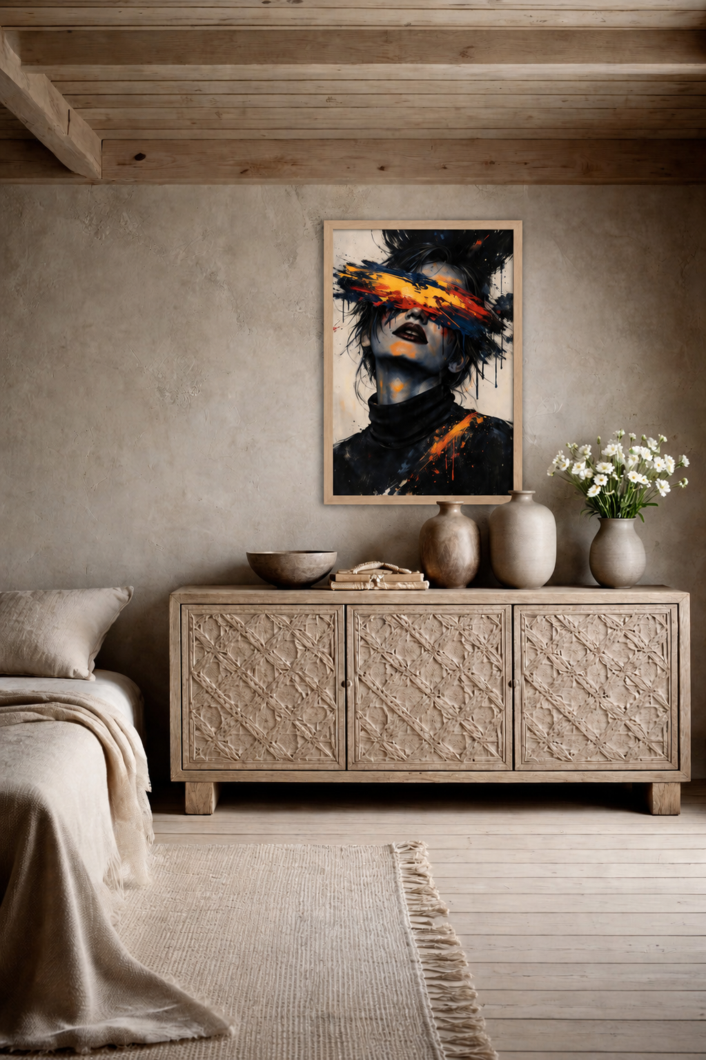Scandinavian bedroom with light wood furniture, ceramic vases and abstract portrait poster in a light wood frame above a carved sideboard.