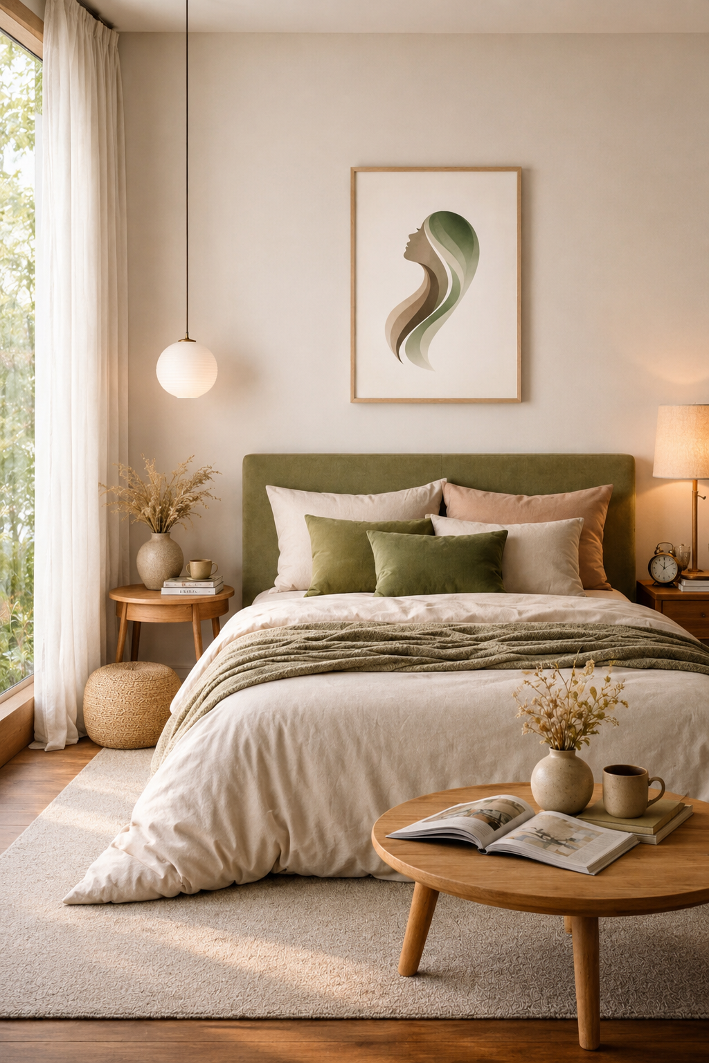 Warm modern bedroom with olive green pillows and abstract framed wall art above the bed