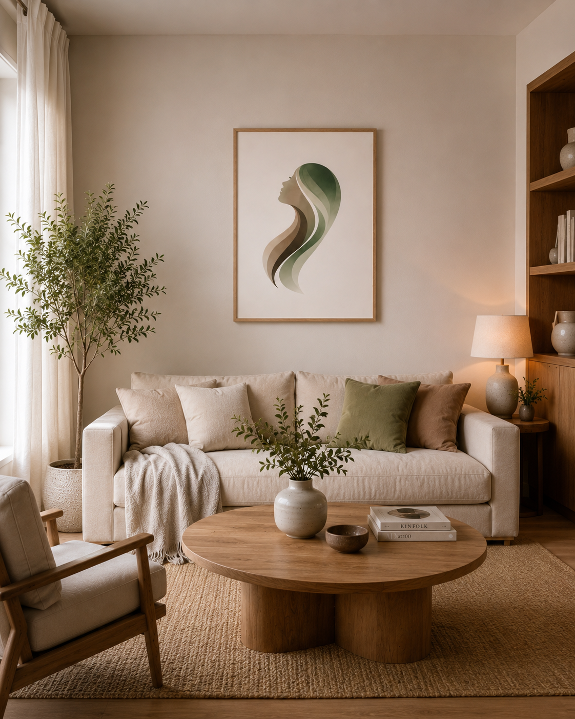 Cozy neutral living room with beige sofa and abstract framed wall art above it