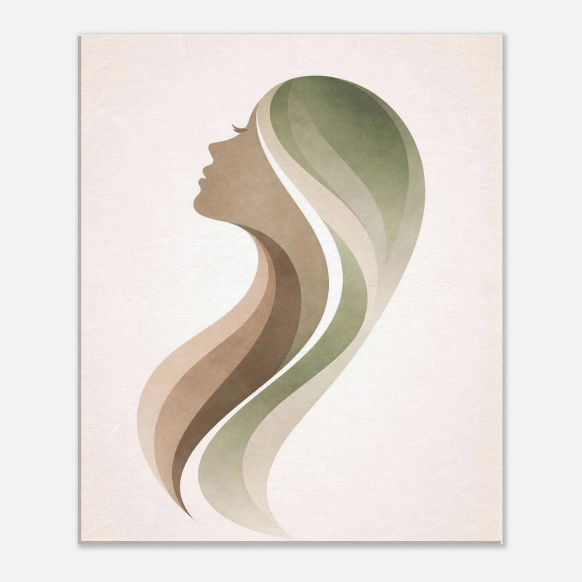 Close view of the canvas surface showing the flowing hair shapes in taupe and sage