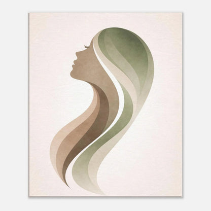 Close view of the canvas surface showing the flowing hair shapes in taupe and sage