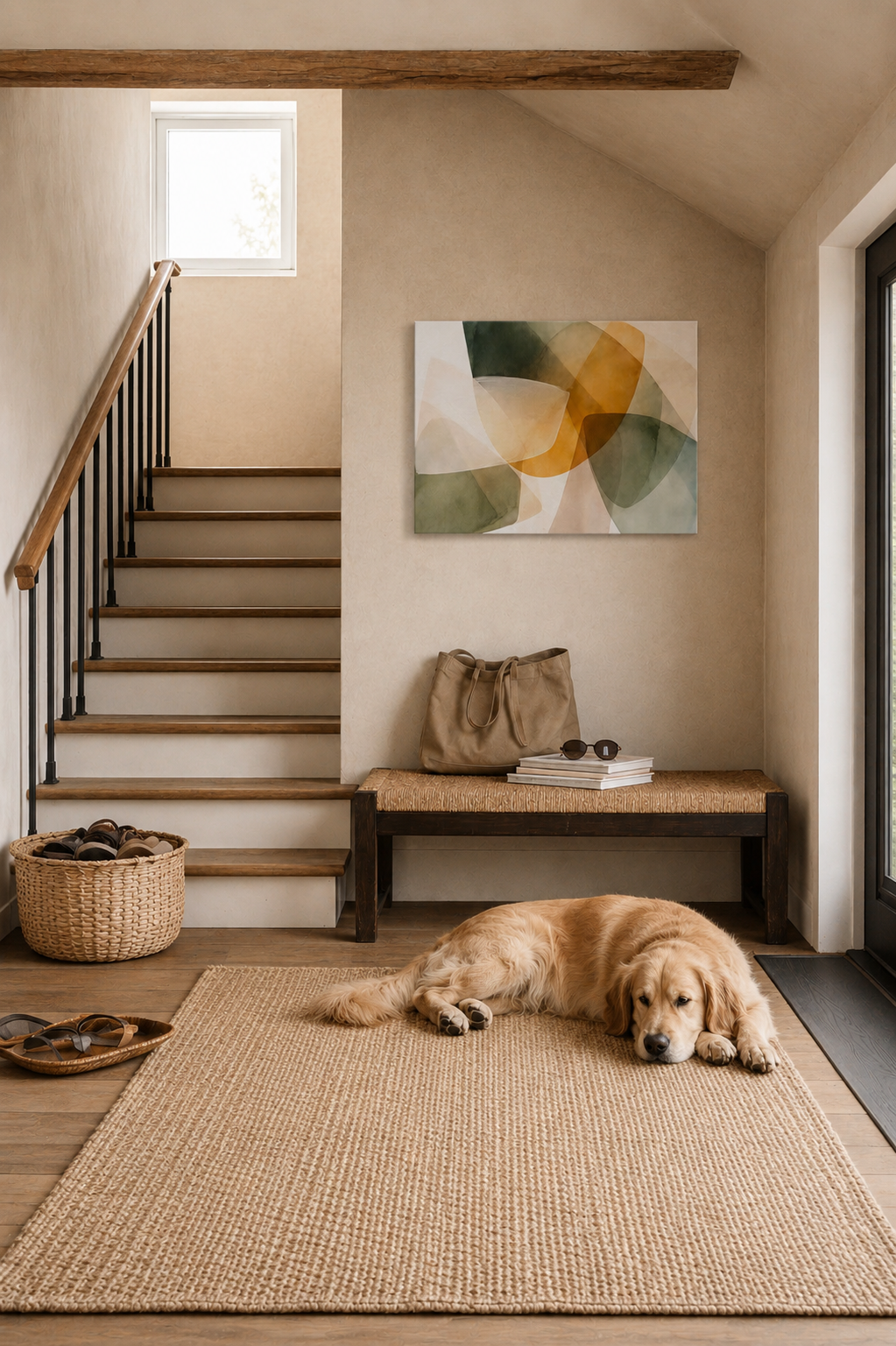Minimalist hallway interior with abstract canvas wall art, staircase and cozy dog decor