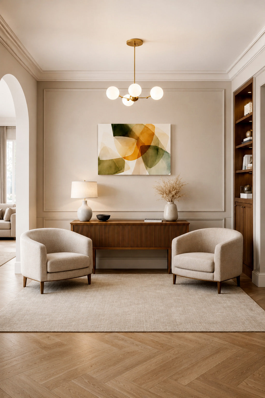 Modern neutral living room with abstract canvas wall art and beige armchairs