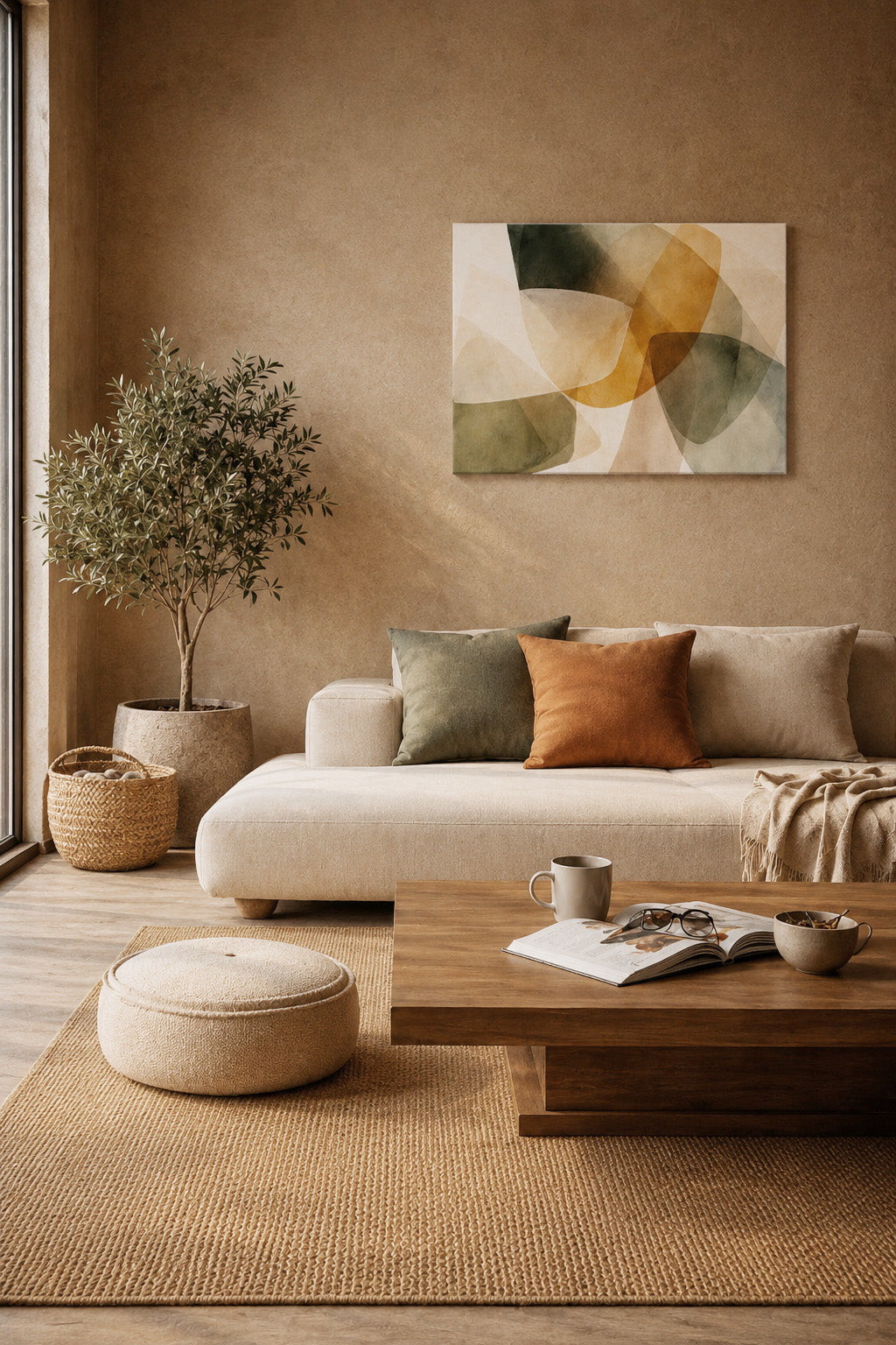 Warm neutral living room with abstract canvas print, beige sofa and earthy accents