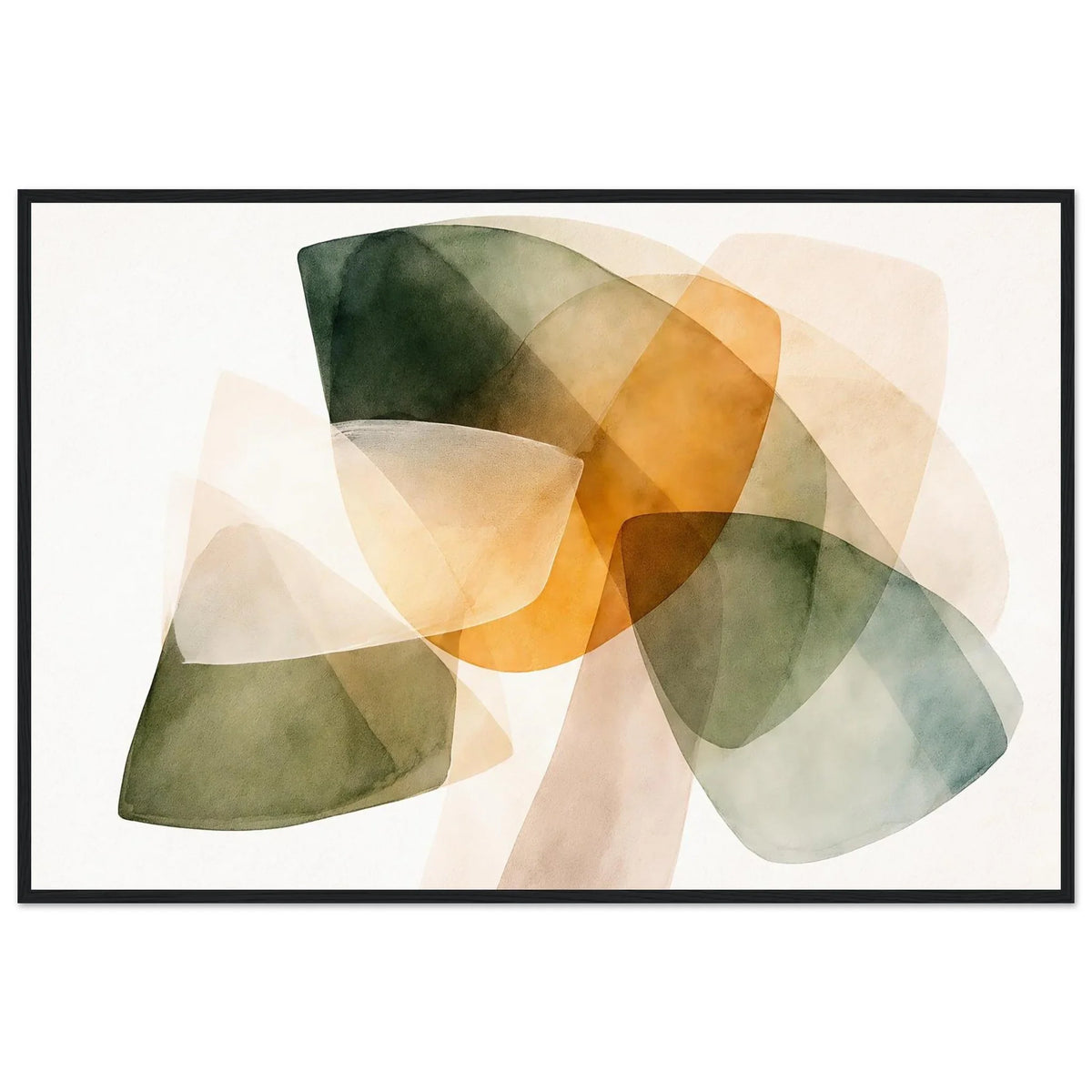Abstract composition of overlapping shapes in a black wooden frame