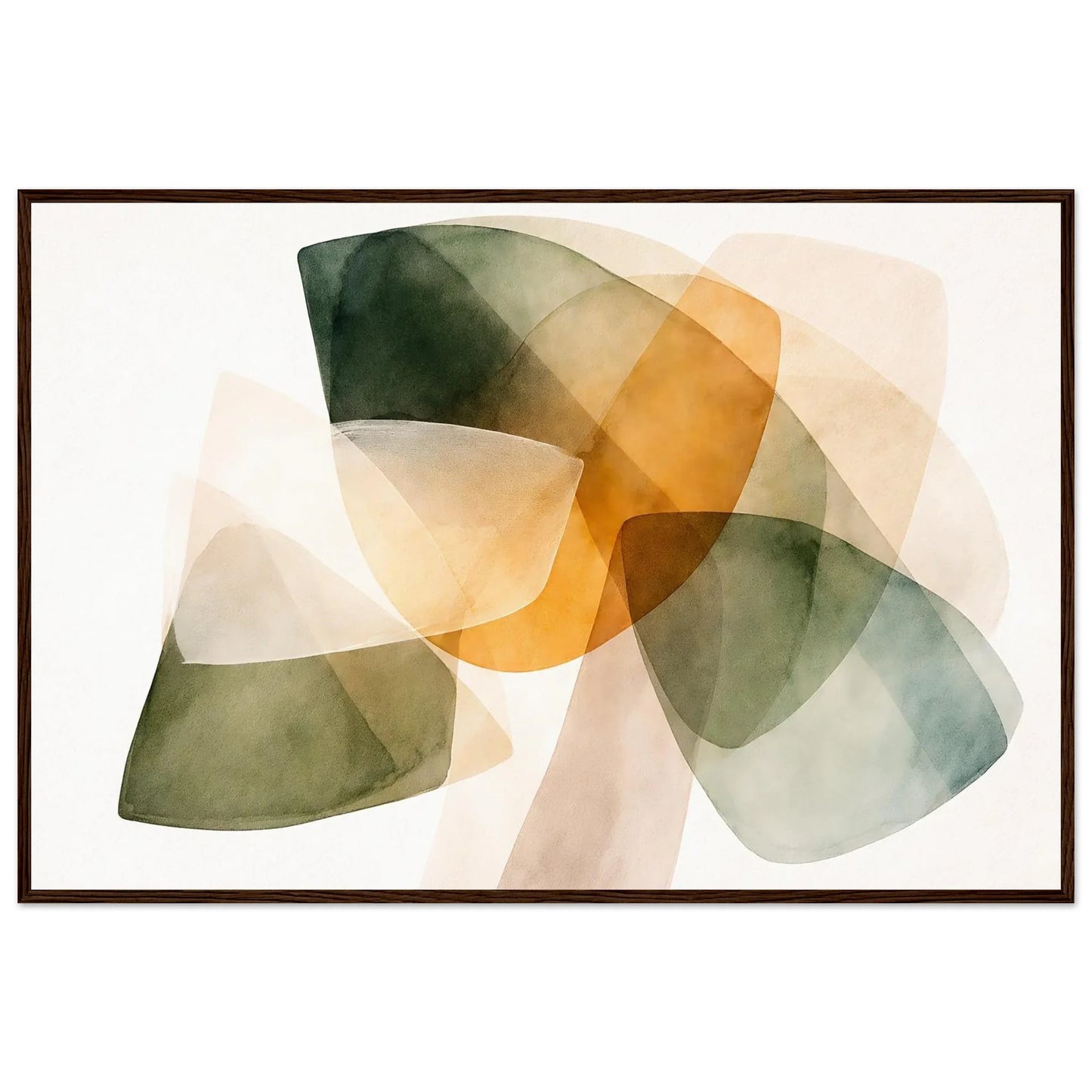 Framed print in a dark brown wooden frame with layered organic forms