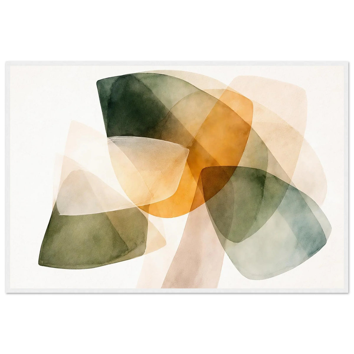 Gentle Layers organic shapes framed wall art with overlapping olive, amber and cream forms