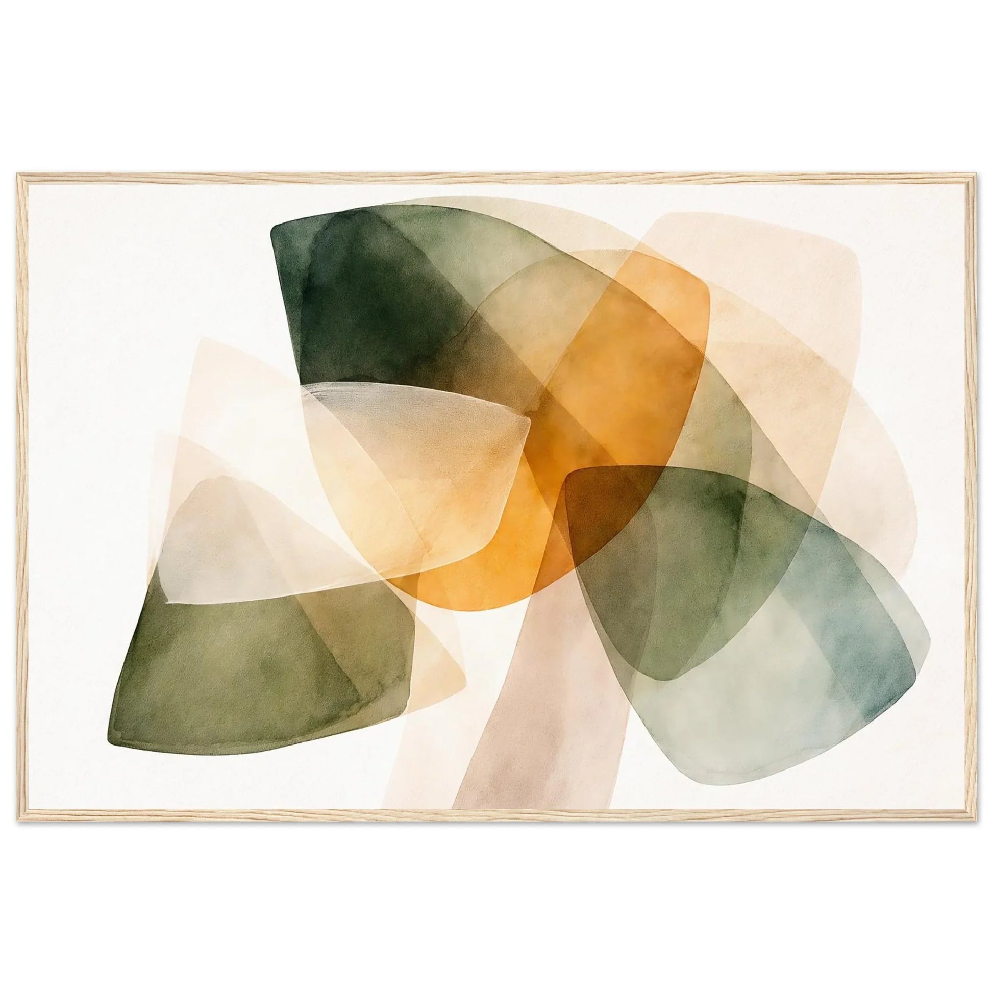 Framed print in a light wood frame showing translucent shapes in olive green and amber